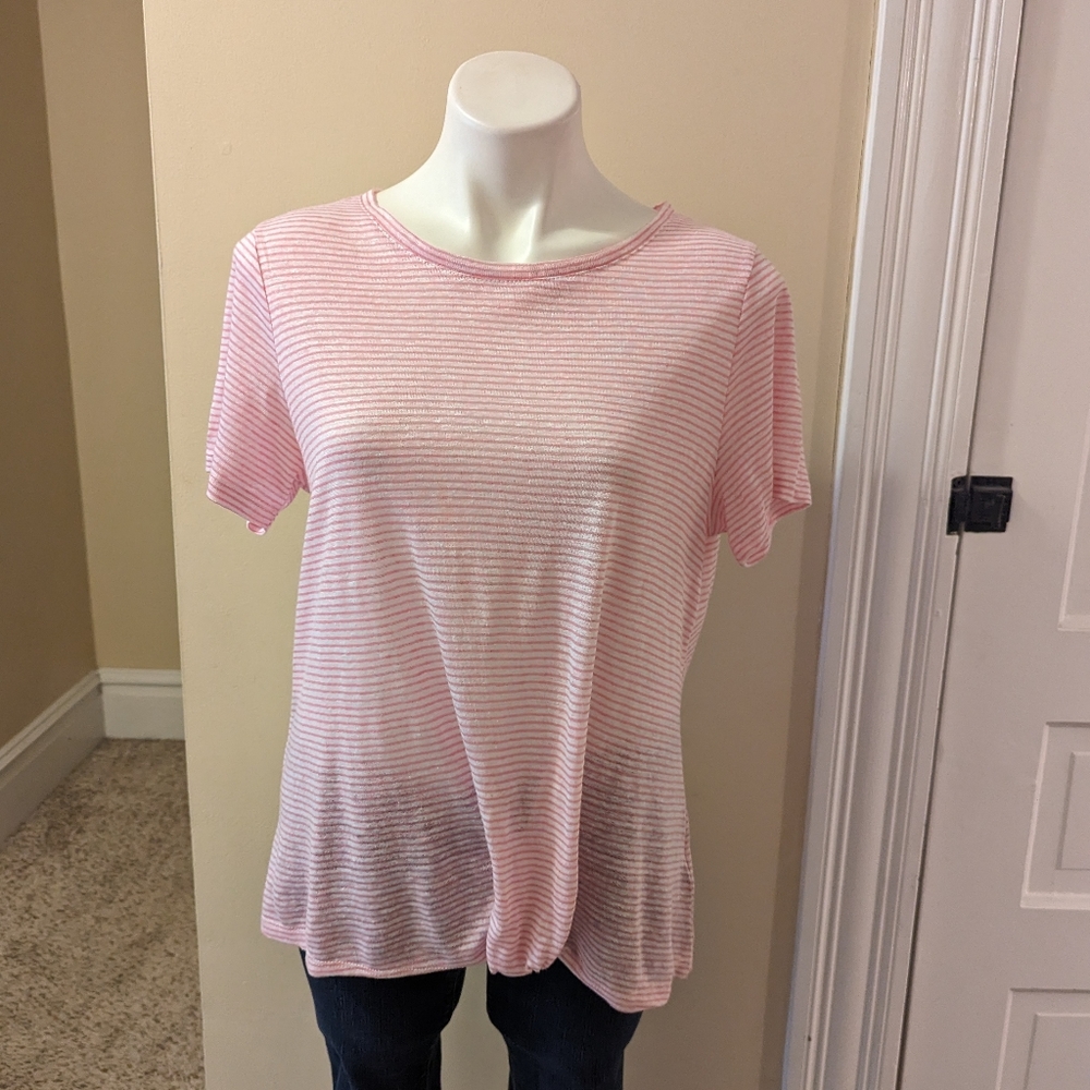 Tahari pink and white striped linen knot front T shirt size M